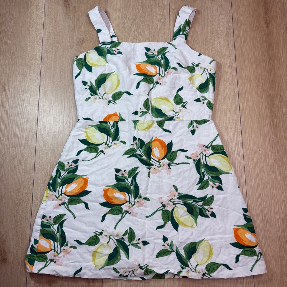 Ann Taylor Factory Petite Lemon Print Linen Blend Sun Dress White 4P Tropical